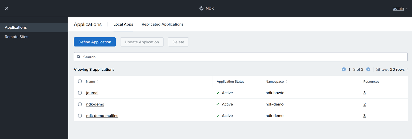 NDK UI Applications list as admin: journal, ndk-demo and ndk-demo-multins, all Active, with Define, Update and Delete buttons