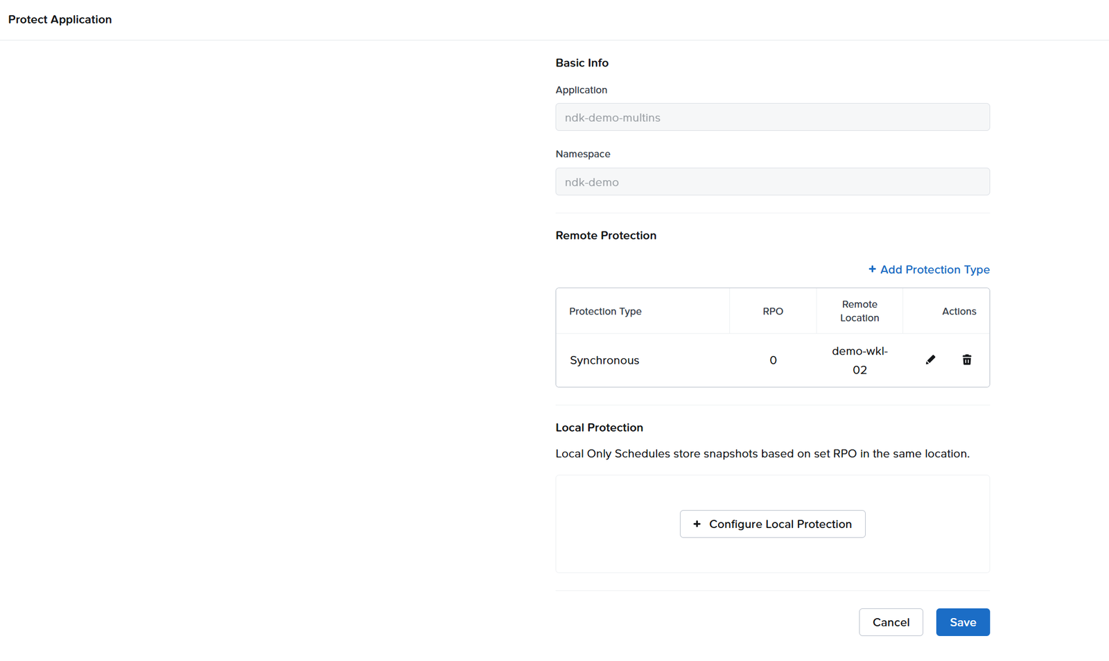 Protect Application form: Remote Protection with Synchronous, RPO 0, remote location demo-wkl-02