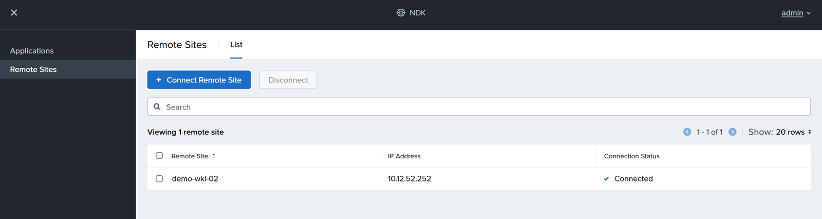 Remote Sites page: demo-wkl-02 at 10.12.52.252, Connected