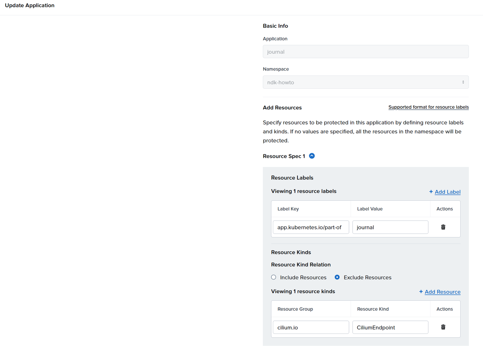 NDK UI Update Application form for journal: resource label app.kubernetes.io/part-of=journal, Exclude Resources cilium.io CiliumEndpoint
