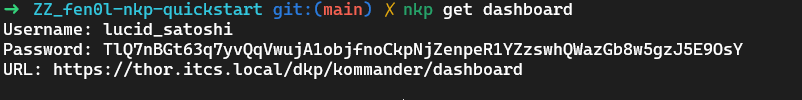 Terminal output of nkp get dashboard showing URL, username, and password