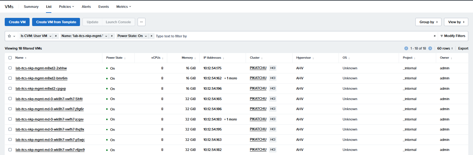 Prism Central VM list showing NKP management cluster nodes: 3 control plane (16 GiB) and workers (32 GiB) on PIKACHU