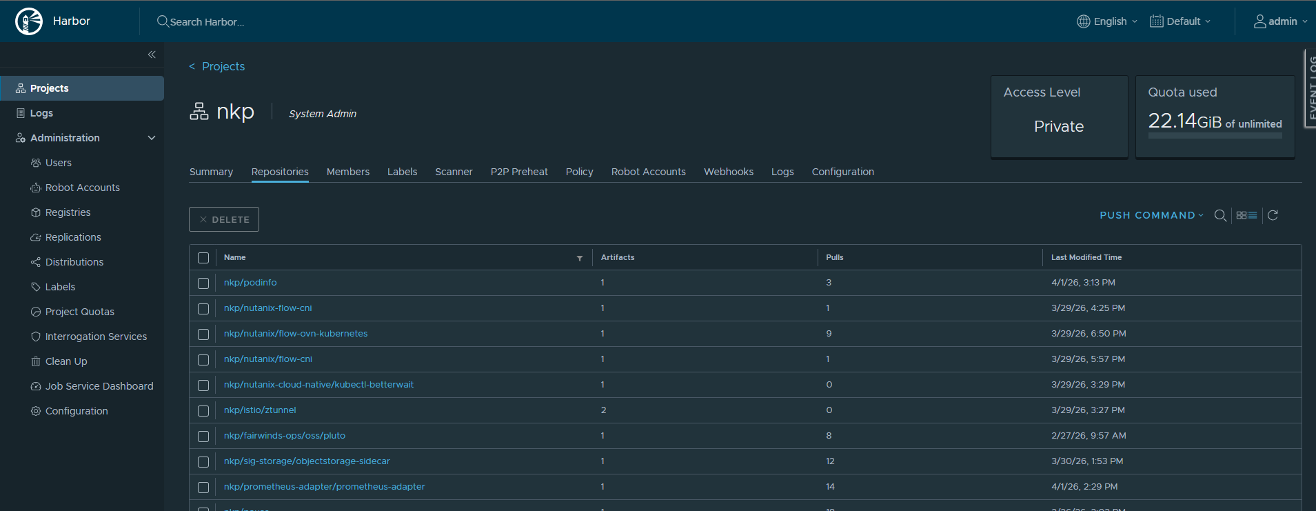 Harbor UI showing the nkp project with repositories after bundle push, 22.14 GiB of container images