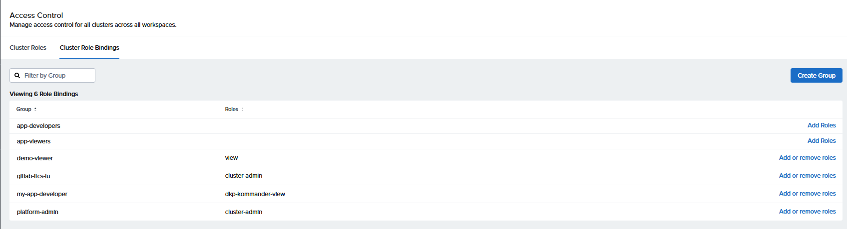 Kommander Cluster Role Bindings showing VirtualGroups mapped to roles: platform-admin, gitlab-itcs-lu, demo-viewer