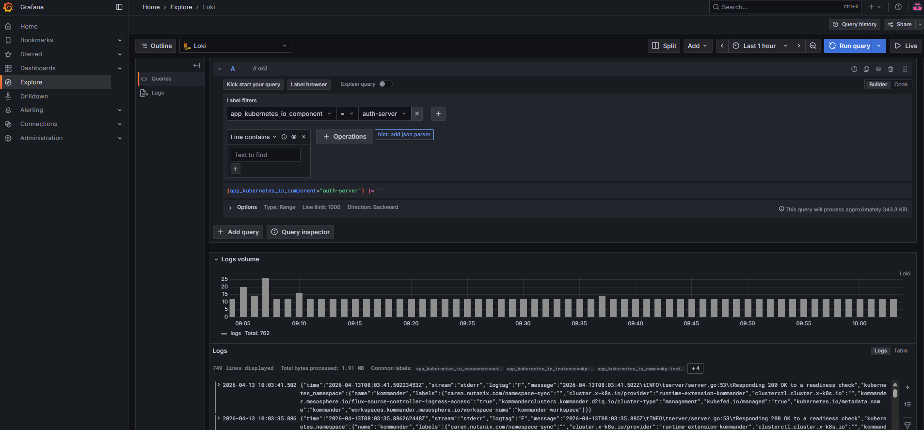 Grafana Loki Explore tab with LogQL query filtering by app component, showing log volume histogram
