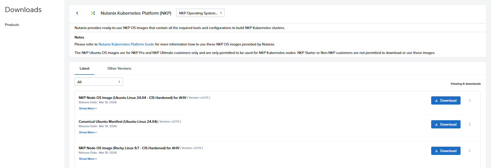 Nutanix Portal showing NKP OS images: Rocky Linux 9.7 CIS Hardened for AHV, Ubuntu 24.04, and Canonical manifest