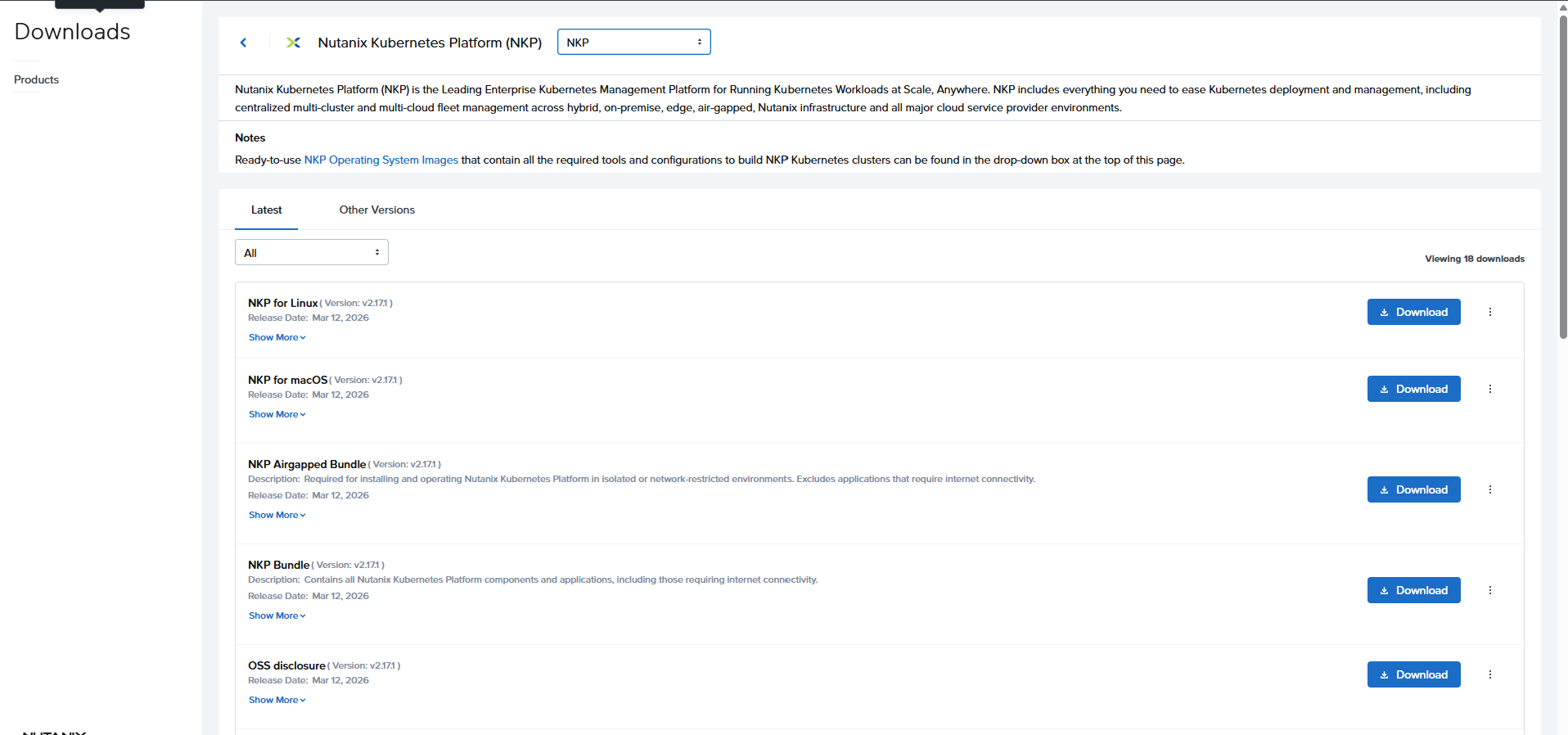 Nutanix Portal downloads page showing NKP CLI binary, Airgapped Bundle, and NKP Bundle for v2.17.1